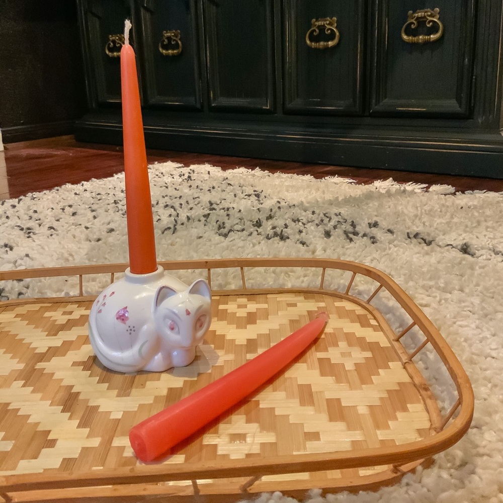 Adorable Vintage Porcelain Cat Candlestick Holder